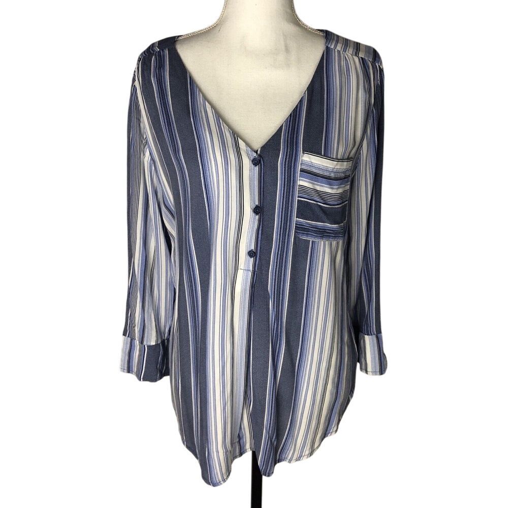 Fred David Blue Striped Geometric Shirt Top V Neck Button Front Size L